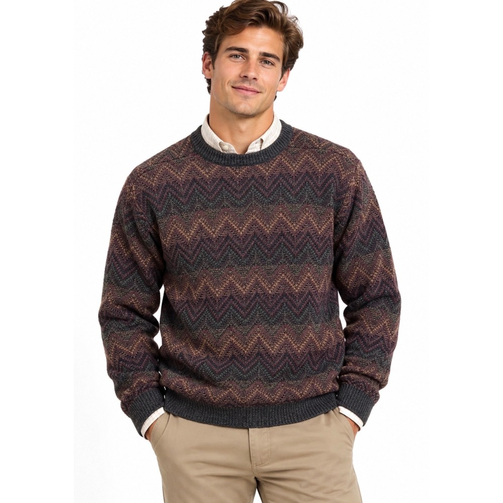 VTG Towncraft Mens Zigzag Crewneck Acrylic Sweater Mens Size XL Grandpa Academia